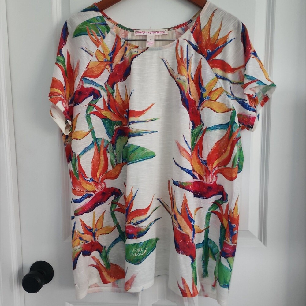 Leoma Lovegrove Top Size XL Tropical Pleated Back Short Sleeve Shirt Art To Wear